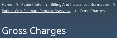 Gross Charges heading, preceded by breadcrumbs Home, Patient Info, Billing And Insurance Information, and Patient Cost Estimate Request Overview