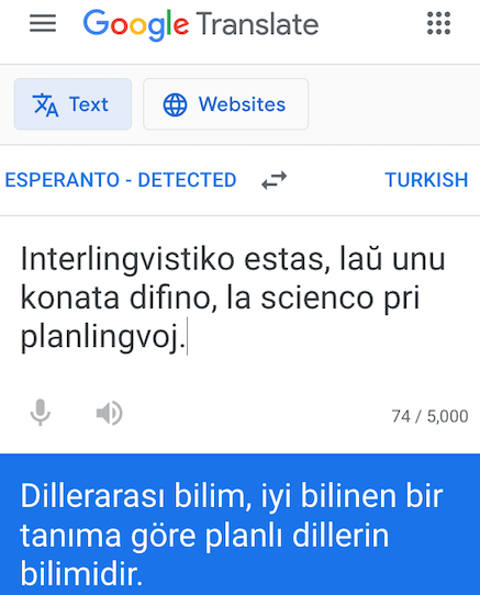 frazo tradukita de Esperanto al la turka per Guglo