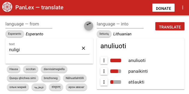 kelkaj tradukoj de la vorto nuligi en Esperanto al la litova en la tradukilo de PanLekso