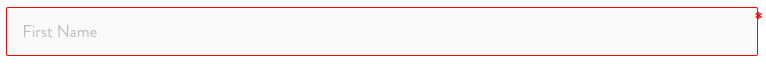 First Name light-gray placeholder in a red-bordered input field with an overlapping red asterisk